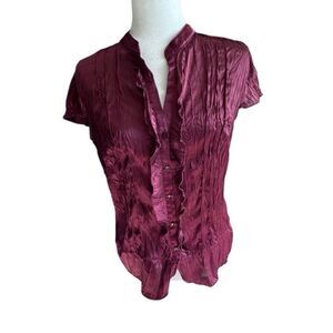 Mossimo Y2K Blouse Satin Crinkle Ruffle Front Button Down Purple SZ M
